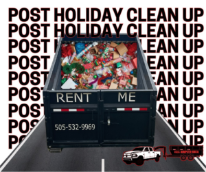 A black dumpster filled with various junk and holiday decorations for a post-holiday cleanup by ARC Dumpster Rentals in Albuquerque, NM.