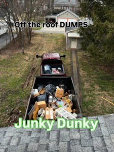 A large dumpster filled with various junk removal items, including boxes and bags, handled by Junky dunky Hauling & Junk Removal in Louisville, KY