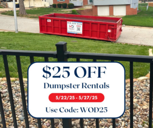 A red dumpster from Women Owned Dumpsters placed on a residential property in Lees Summit, MO, for convenient junk removal.