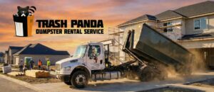 A Trash Panda dumpster rental truck deploying a dumpster at a construction site in Carson City, NV, for debris removal.