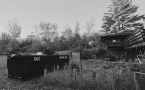 A Tags Dumpsters roll-off dumpster placed in a rural or residential setting with junk inside in Omaha, NE.
