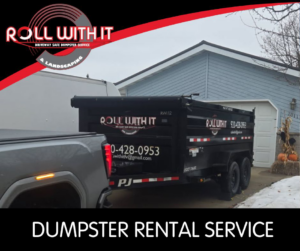 A Roll With It branded dumpster trailer being delivered to a residential driveway in Appleton, WI.