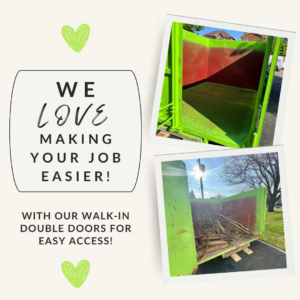 A green dumpster filled with branches and wood debris, next to an empty dumpster from Bin There Dump That Dallas Metro in Dallas, TX