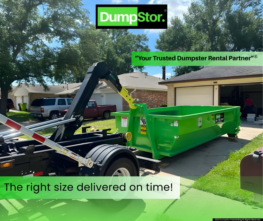 A DumpStor of Louisville truck delivering a green roll-off dumpster to a residential driveway for junk removal in Louisville, KY.