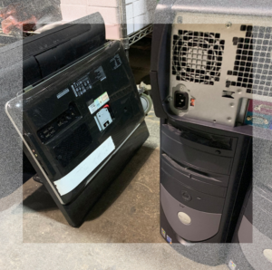 A collection of old computer monitors and a desktop tower for e-waste removal by RAR Reliable Asset Recovery, Inc. in Nashua, NH