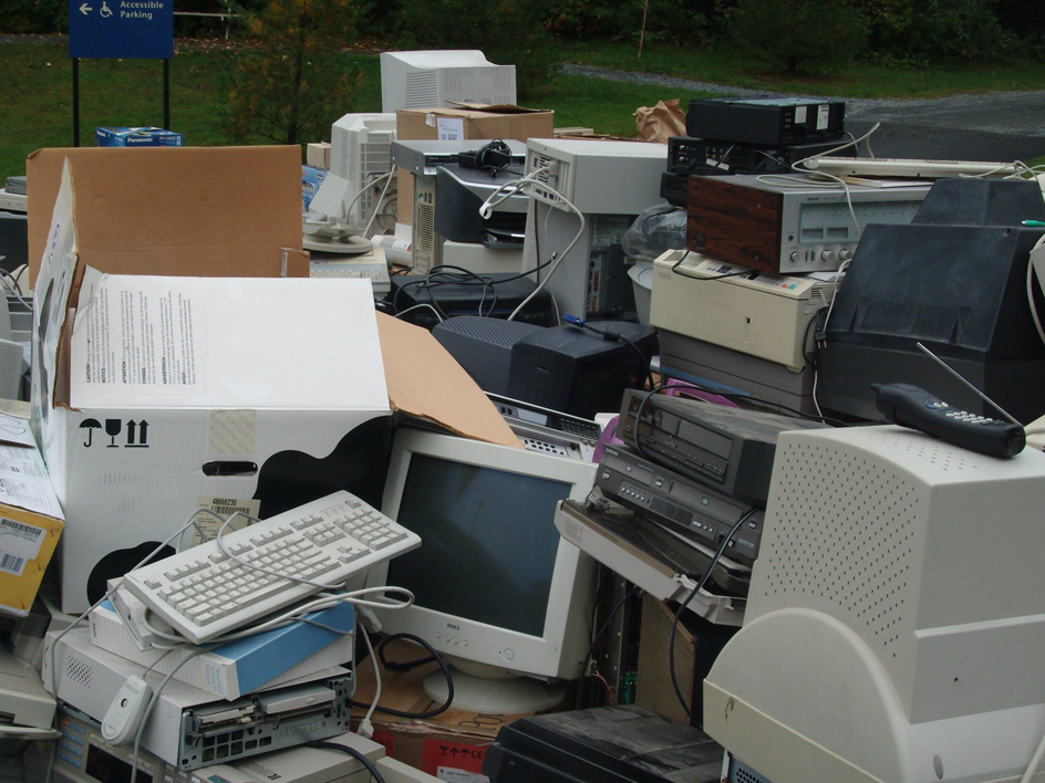 A large pile of old electronics and e-waste ready for disposal by Greater Upper Valley Solid Waste Management District in Ascutney, VT.