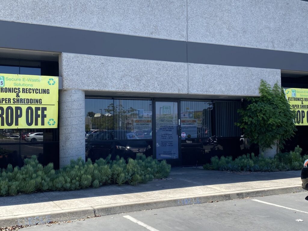 Exterior of the SES Secure E-Waste Solutions Inc. facility in San Diego, CA, for electronics recycling and paper shredding.