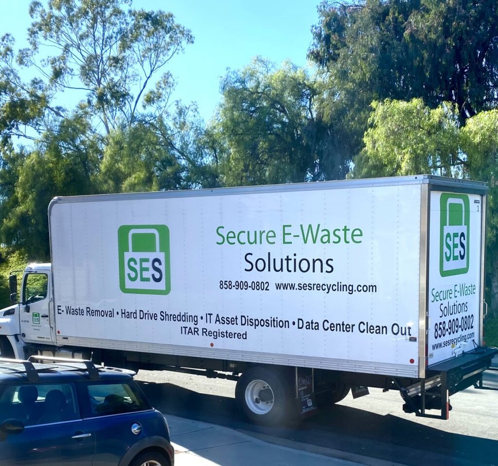A branded truck for E-Waste Removal and IT Asset Disposition from SES Secure E-Waste Solutions Inc. in San Diego, CA.