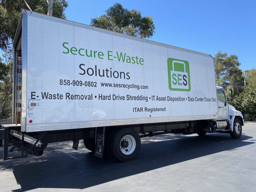 Rows of wrapped electronics and boxes of e-waste stored in a warehouse by SES Secure E-Waste Solutions Inc. in San Diego, CA.