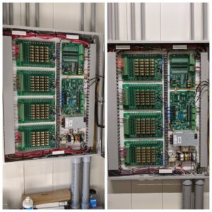 Before and after of a complex electrical control panel showing professional organization by WX2 Tech in Asheville, NC.
