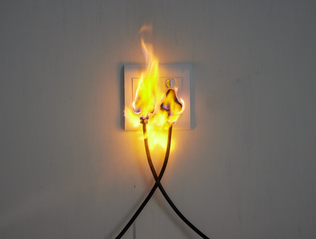 An electrical outlet on fire, indicating a hazardous situation requiring repair by Gragg Electrical Services, LLC in East Canton, OH.