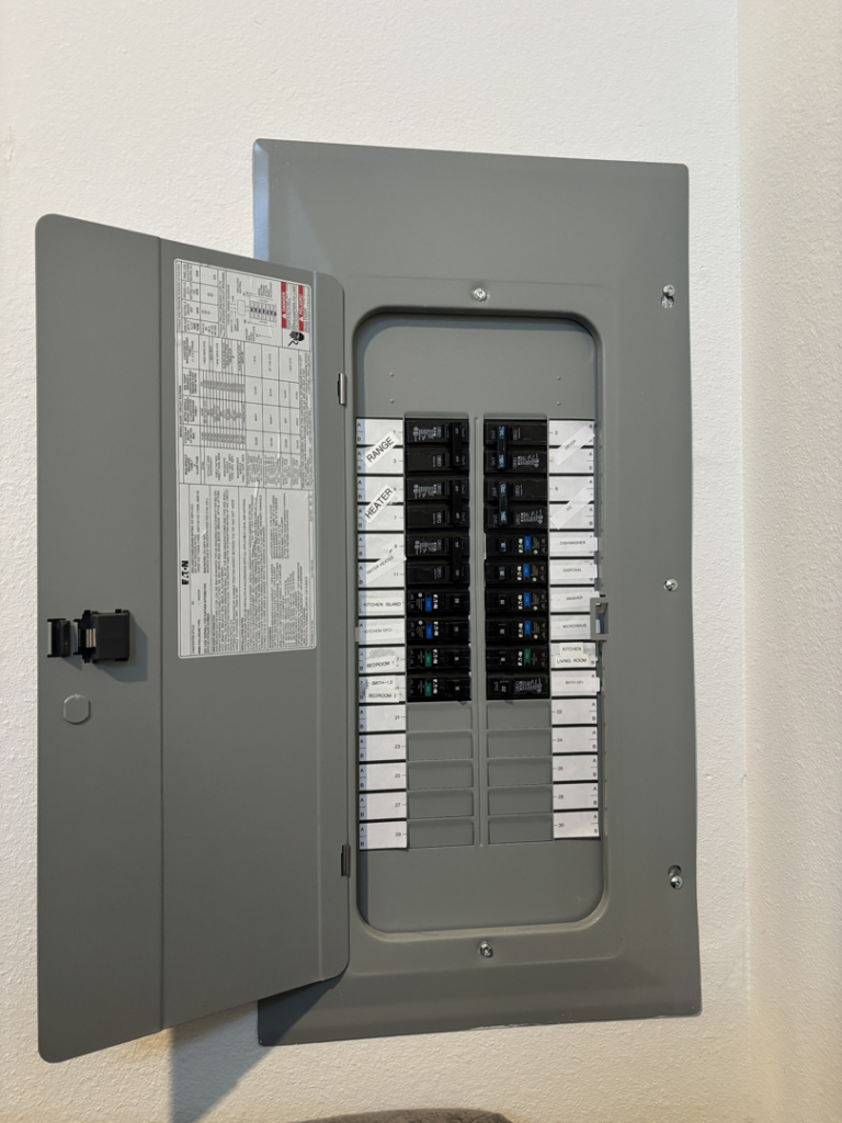 An open electrical service panel showing circuit breakers, serviced by Gragg Electrical Services, LLC in East Canton, OH.