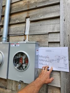 A hand pointing to an electrical system diagram next to a meter box, showing planning by Paramount Development in Milwaukee, WI.