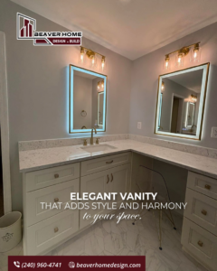 An elegant bathroom vanity with dual sinks, quartz countertops, and illuminated mirrors by Beaver Home Design + Build in Maryland, VA, DC.