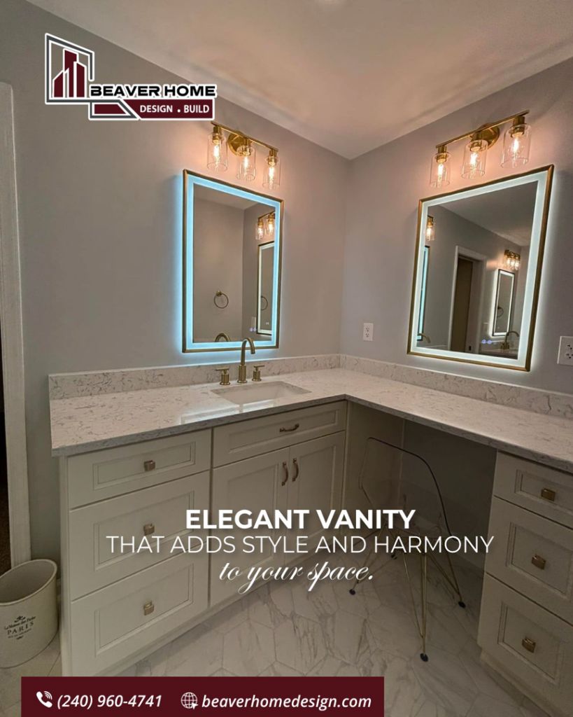 An elegant bathroom vanity with dual sinks, quartz countertops, and illuminated mirrors by Beaver Home Design + Build in Maryland, VA, DC.
