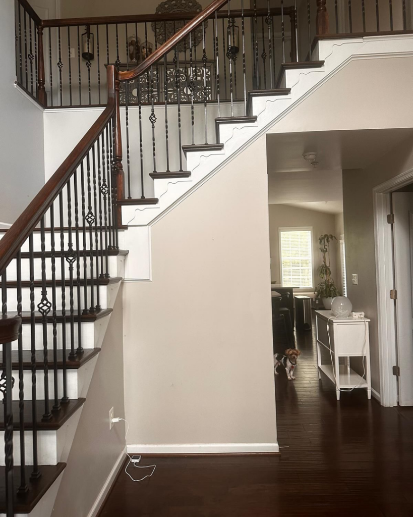 Elegant finished dark wood staircase with wrought iron balusters and white risers by International Wood Floors in Gaithersburg, MD