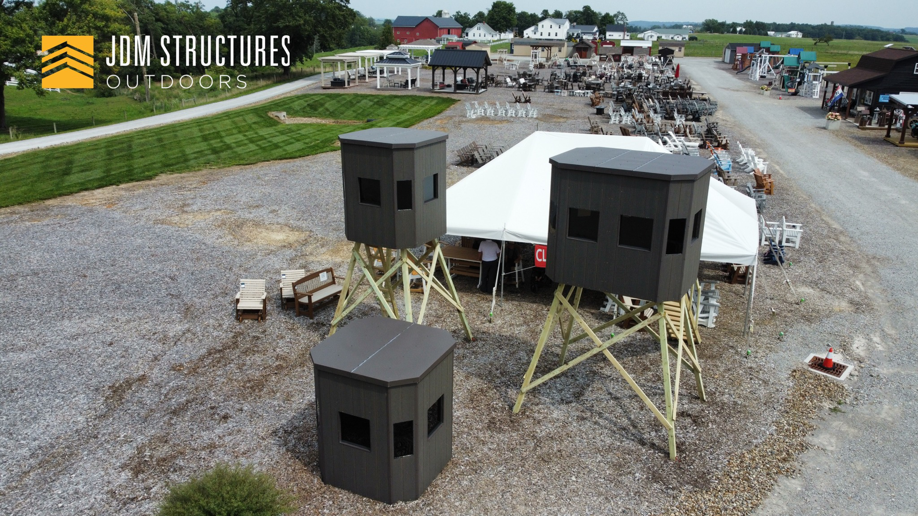 An aerial view of elevated hunting blinds and outdoor structures built by JDM Outdoors of Robinson in Pittsburgh, PA.