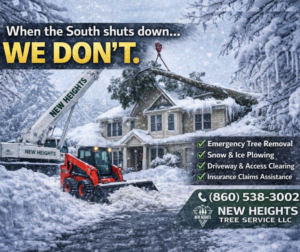 A crane from New Heights Tree Services performing emergency tree removal of a fallen tree near a house in San Antonio, TX