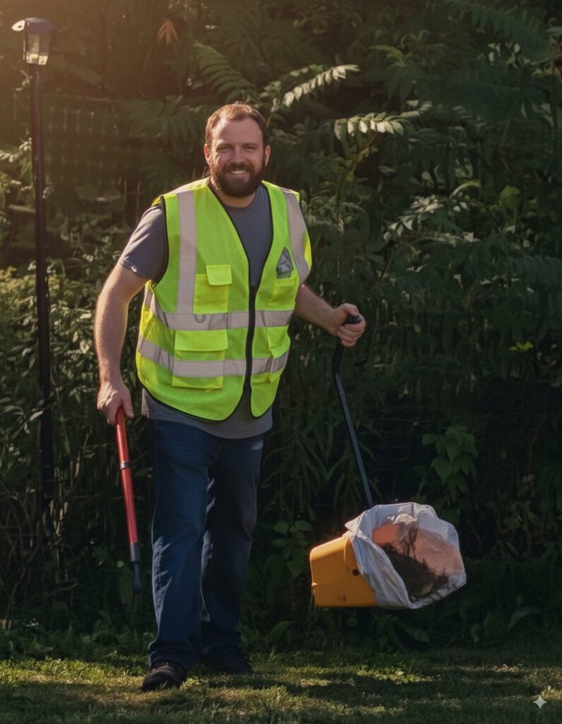 An employee of The Doo Doo Dudes in Lewiston, ME, scooping dog waste in a yard.