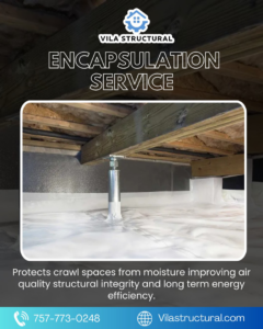 A clean, encapsulated crawl space with a structural support jack installed by Vila Structural in Virginia Beach, VA.