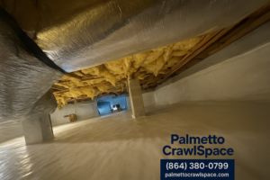 A professionally encapsulated crawlspace with new insulation and a white vapor barrier installed by Palmetto Crawlspace in Mount Pleasant, SC.
