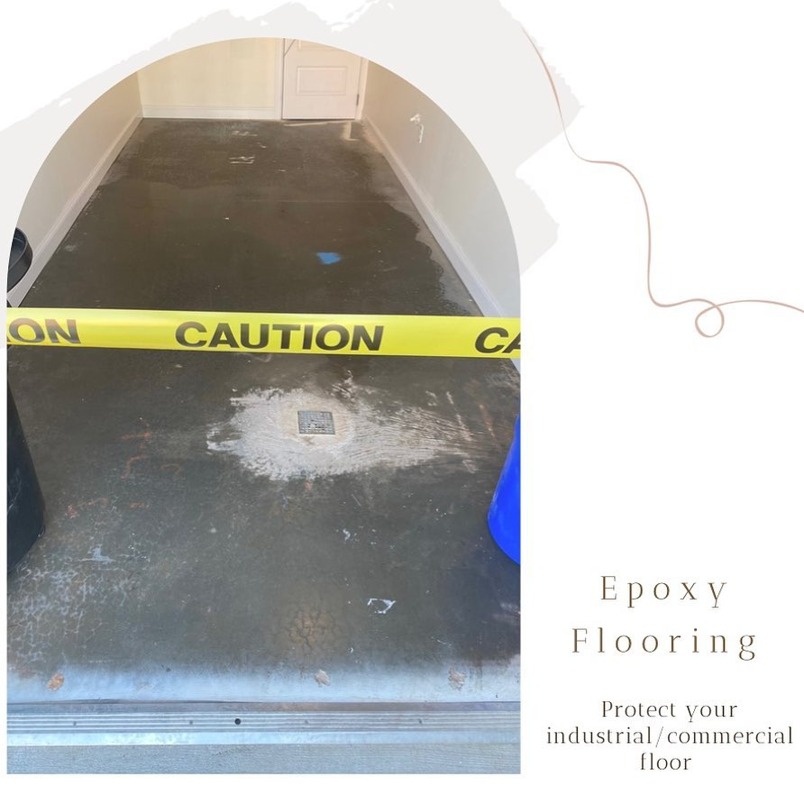 Epoxy floor installation in progress with caution tape, showing preparation for a durable finish by SCIRE GROUP INC in Charlotte, NC.