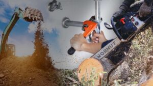 A composite image illustrating excavation, plumbing, and tree cutting services offered by Horhut Inc. in Pittsburgh, PA.