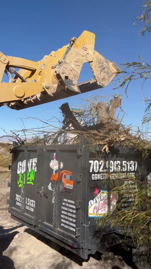 An excavator loading brush and yard debris into a Gone Junkin' Vegas trailer for removal in Henderson, NV.