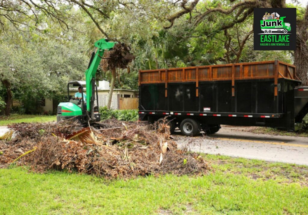 An excavator loading a large pile of yard debris into a dump trailer for Eastlake Hauling and Junk Removal, LLC in Chula Vista, CA.