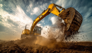 A large yellow excavator moving dirt on a construction site for G6 Excavating in Corpus Christi, TX