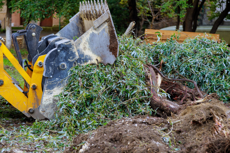 An excavator removing a tree stump and debris, part of services by Carolina Property Solution and Tree Service in Concord, NC.