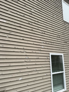 Extensive peeling paint on residential siding, indicating a need for exterior painting services from Larson Exteriors in Sunset Hills, MO.