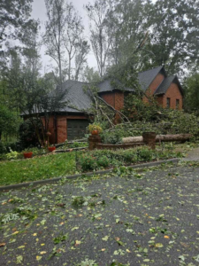 Extensive storm damage with multiple fallen trees on a house and driveway, handled by Rapid Response Crew in Charlotte, NC.
