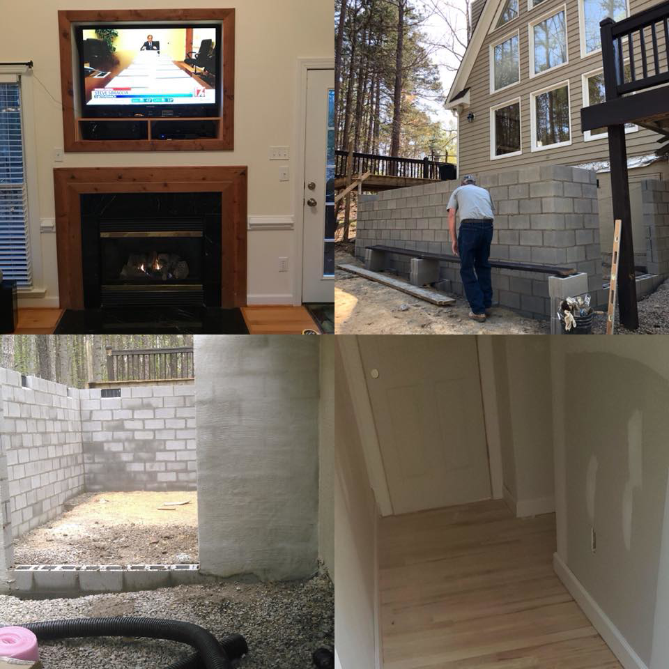A collage showing exterior block wall construction and interior fireplace building by Midlothian, Inc. in Kenbridge, VA.