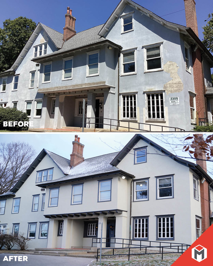 Before and after of an exterior building renovation completed by Miranda Construction in Louisville, KY.