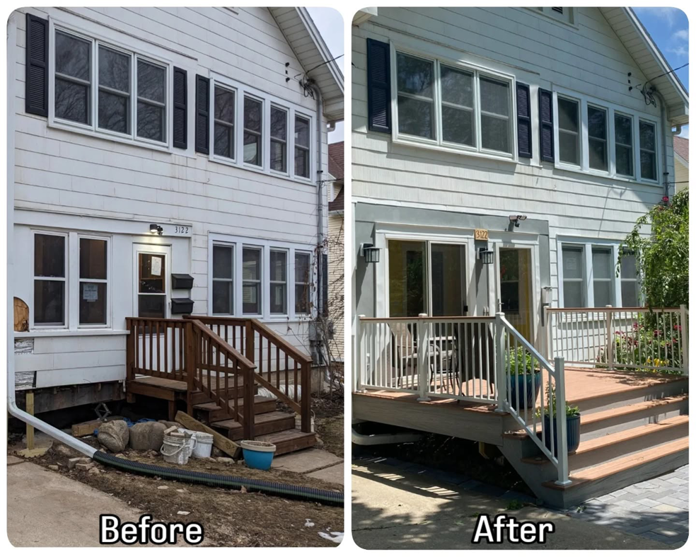 Before and after of a large exterior deck and porch transformation by Ace of Space alternative carpentry in Madison, WI