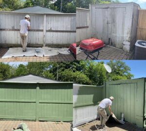 Exterior fence and shed painting, before and after, by Tj Drywall & Finishing LLC in Fort Wayne, IN.