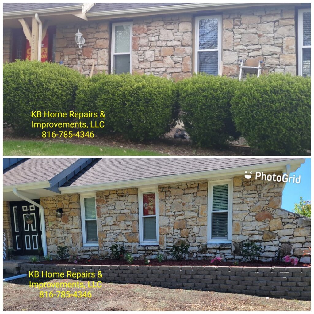 Before and after view of an exterior home improvement project, showing a new retaining wall and landscaping by KB Home Repairs & Improvements, LLC in Shawnee, KS.