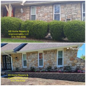 Before and after view of an exterior home improvement project, showing a new retaining wall and landscaping by KB Home Repairs & Improvements, LLC in Shawnee, KS.