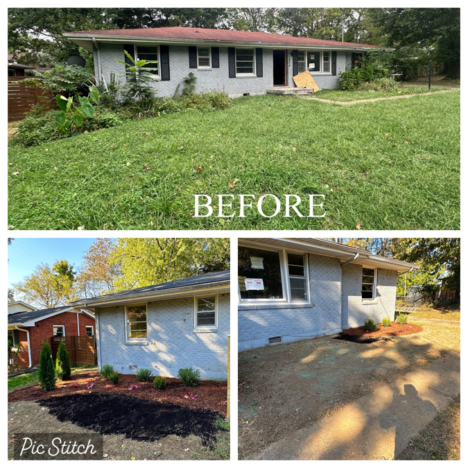 Before and after view of a house exterior with new landscaping and cleanup by Mr. GreenJeans in Indianapolis, IN.