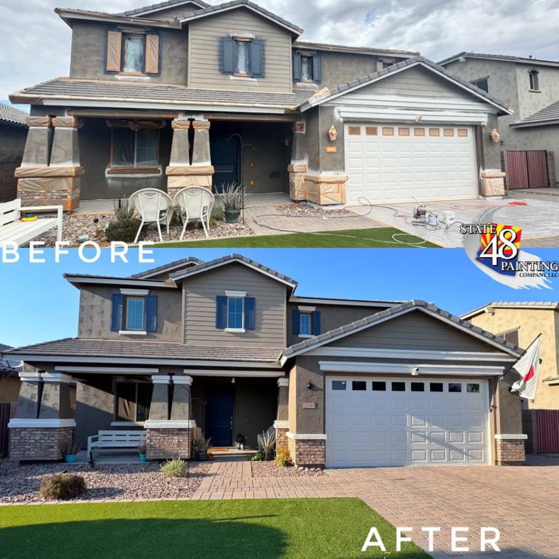 Before and after comparison of an exterior house painting project by State 48 Painting Company LLC in Queen Creek, AZ.