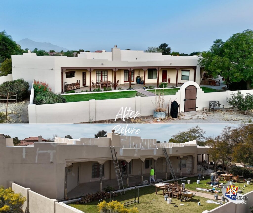 Before and after view of an exterior house painting project by State 48 Painting Company LLC in Queen Creek, AZ.