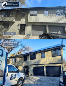 Before and after of an exterior house remodel, including new garage doors and siding, by Superior Remodelers in Newtown, CT.