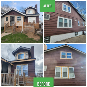 Before and after of an exterior house renovation with new window installations by Del Rey Properties LLC in Dearborn, MI.