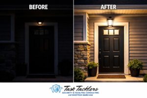 Before and after of an exterior light fixture installation by Task Tacklers Handyman Services in Olathe, KS.