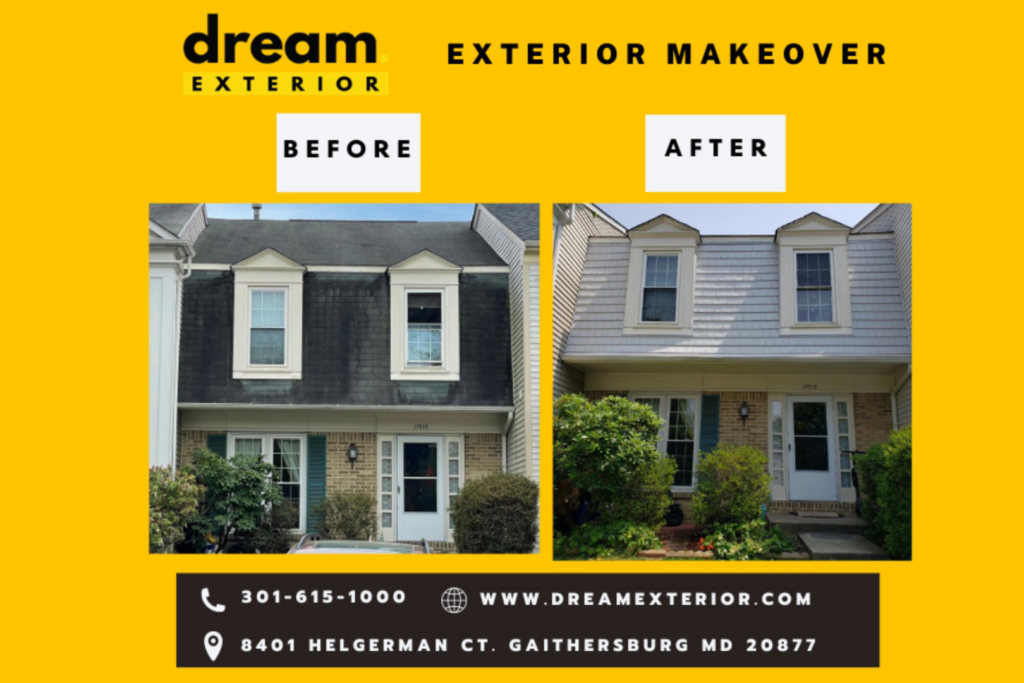 Before and after of an exterior townhouse makeover completed by Dream Exterior in Gaithersburg, MD.