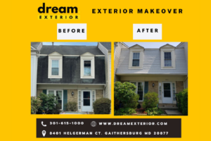 Before and after of an exterior townhouse makeover completed by Dream Exterior in Gaithersburg, MD.