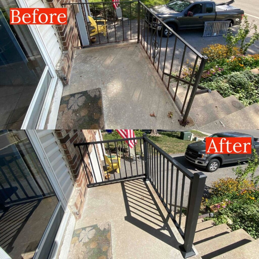 Before and after photos of an exterior railing replacement by Westlake Ace Handyman Services Kansas City Metro in Lenexa, KS.