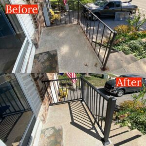 Before and after photos of an exterior railing replacement by Westlake Ace Handyman Services Kansas City Metro in Lenexa, KS.