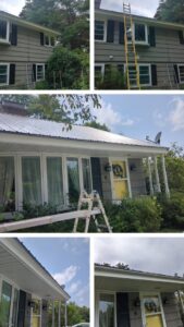 Exterior siding and metal roof installation work on a house by MB&E Home Improvement in Augusta, ME.